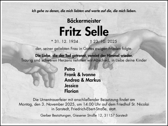 Traueranzeige von Fritz Selle von Hildesheimer Allgemeine Zeitung