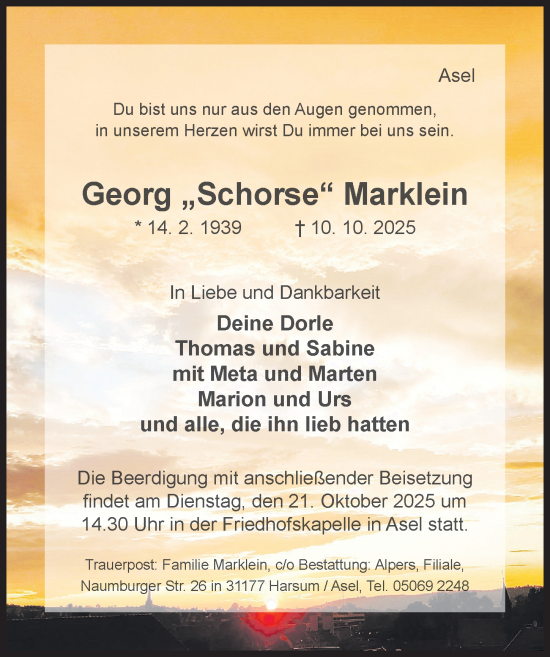 Traueranzeige von Georg Marklein von Hildesheimer Allgemeine Zeitung