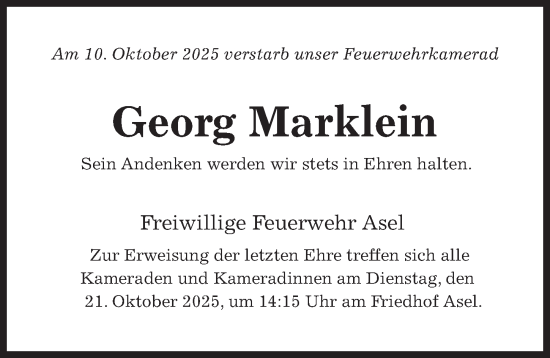 Traueranzeige von Georg Marklein von Hildesheimer Allgemeine Zeitung
