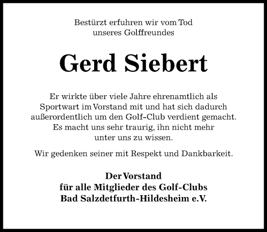 Traueranzeige von Gerd Siebert von Hildesheimer Allgemeine Zeitung