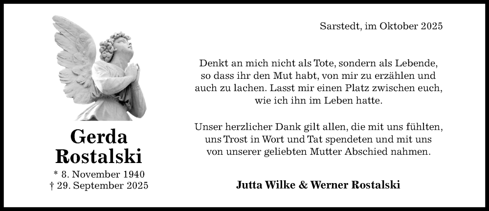  Traueranzeige für Gerda Rostalski vom 18.10.2025 aus Hildesheimer Allgemeine Zeitung