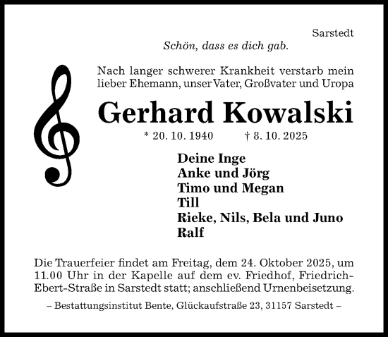 Traueranzeige von Gerhard Kowalski von Hildesheimer Allgemeine Zeitung