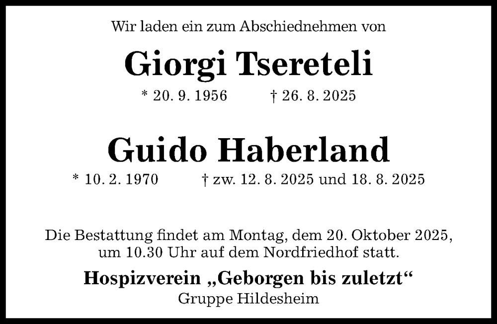  Traueranzeige für Giorgi Tsereteli vom 18.10.2025 aus Hildesheimer Allgemeine Zeitung
