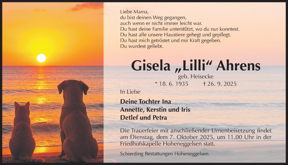  Traueranzeige für Gisela Ahrens vom 01.10.2025 aus Hildesheimer Allgemeine Zeitung