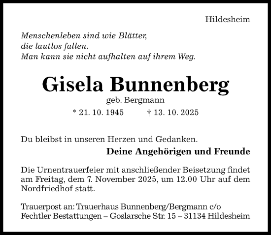 Traueranzeige von Gisela Bunnenberg von Hildesheimer Allgemeine Zeitung