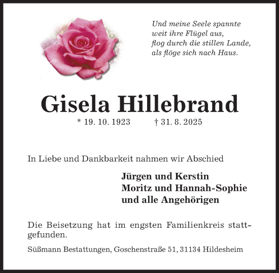 Traueranzeige von Gisela Hillebrand von Hildesheimer Allgemeine Zeitung