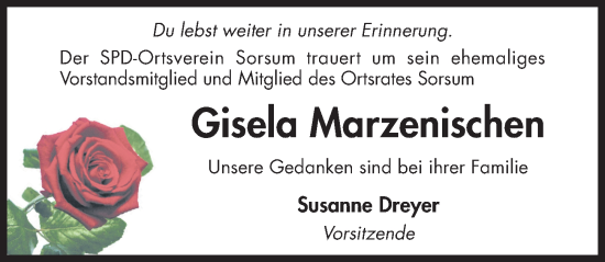 Traueranzeige von Gisela Marzenischen von Hildesheimer Allgemeine Zeitung