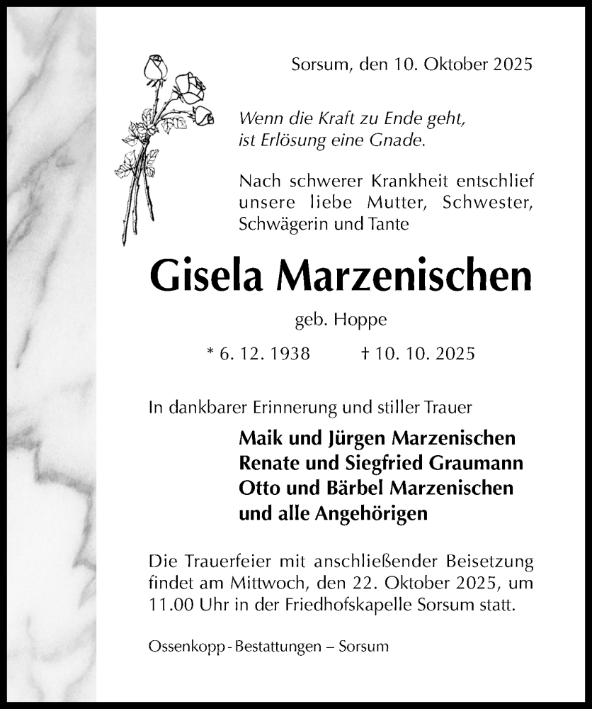  Traueranzeige für Gisela Marzenischen vom 15.10.2025 aus Hildesheimer Allgemeine Zeitung