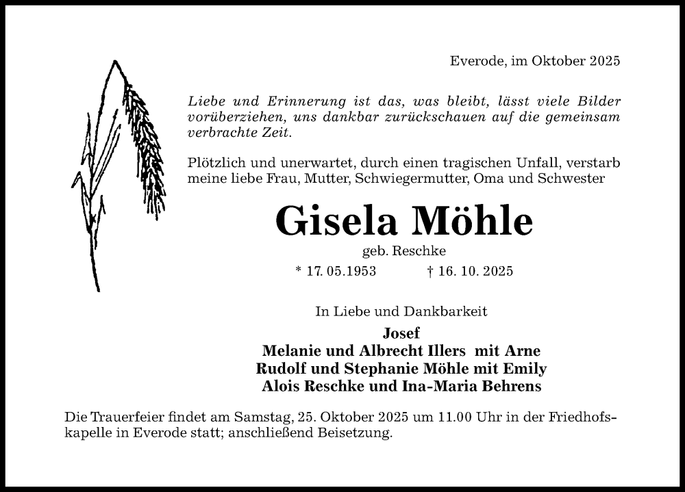  Traueranzeige für Gisela Möhle vom 22.10.2025 aus Hildesheimer Allgemeine Zeitung