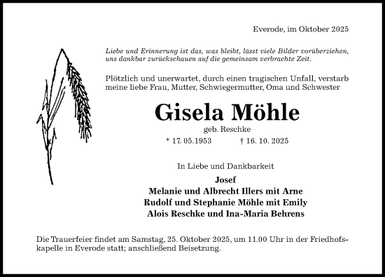 Traueranzeige von Gisela Möhle von Hildesheimer Allgemeine Zeitung