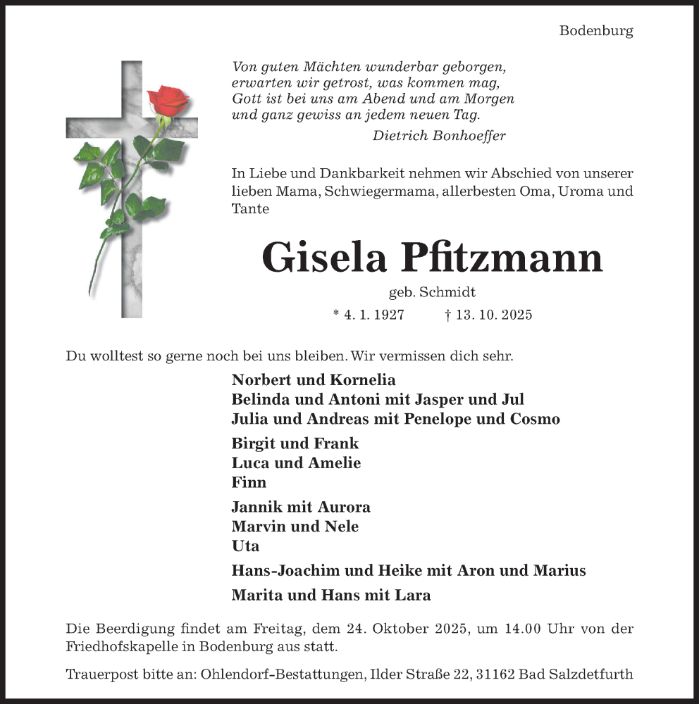  Traueranzeige für Gisela Pfitzmann vom 18.10.2025 aus Hildesheimer Allgemeine Zeitung