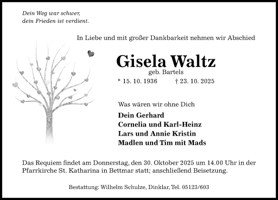 Traueranzeige von Gisela Waltz von Hildesheimer Allgemeine Zeitung