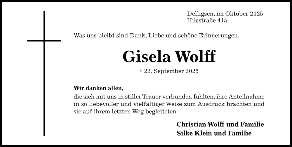  Traueranzeige für Gisela Wolff vom 18.10.2025 aus Hildesheimer Allgemeine Zeitung