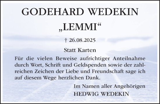 Traueranzeige von Godehard Wedekin von Hildesheimer Allgemeine Zeitung