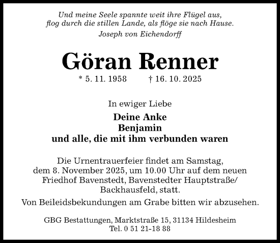 Traueranzeige von Göran Renner von Hildesheimer Allgemeine Zeitung