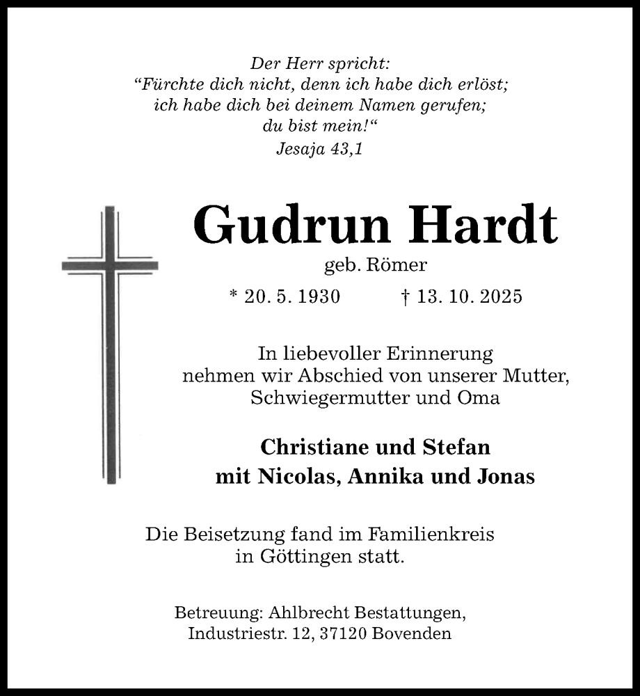  Traueranzeige für Gudrun Hardt vom 25.10.2025 aus Hildesheimer Allgemeine Zeitung