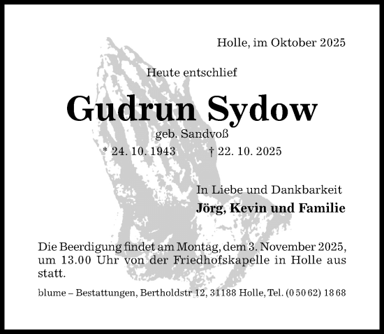 Traueranzeige von Gudrun Sydow von Hildesheimer Allgemeine Zeitung