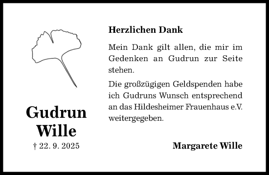 Traueranzeige von Gudrun Wille von Hildesheimer Allgemeine Zeitung
