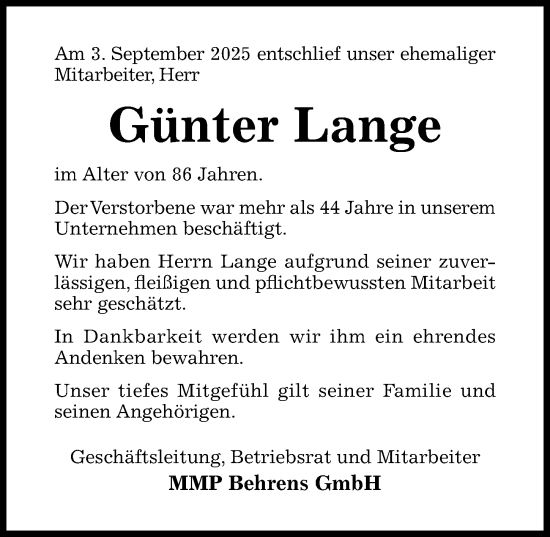 Traueranzeige von Günter Lange von Hildesheimer Allgemeine Zeitung