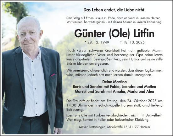 Traueranzeige von Günter Litfin von Hildesheimer Allgemeine Zeitung