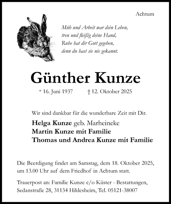 Traueranzeige von Günther Kunze von Hildesheimer Allgemeine Zeitung