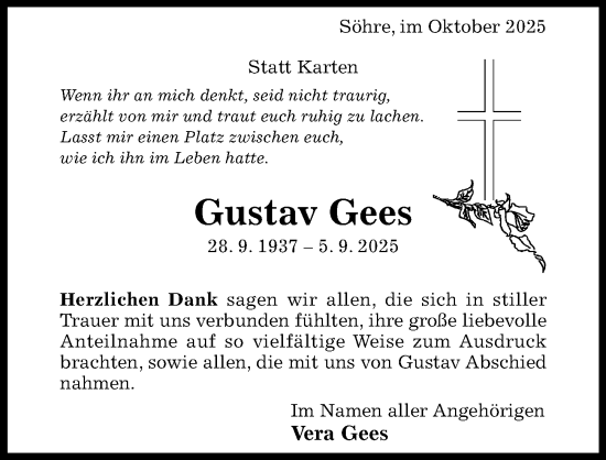 Traueranzeige von Gustav Gees von Hildesheimer Allgemeine Zeitung