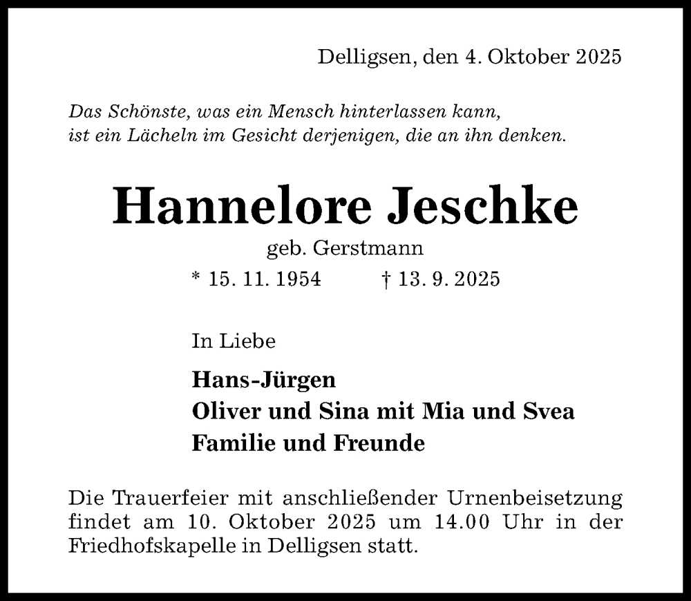  Traueranzeige für Hannelore Jeschke vom 04.10.2025 aus Hildesheimer Allgemeine Zeitung