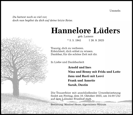 Traueranzeige von Hannelore Lüders von Hildesheimer Allgemeine Zeitung