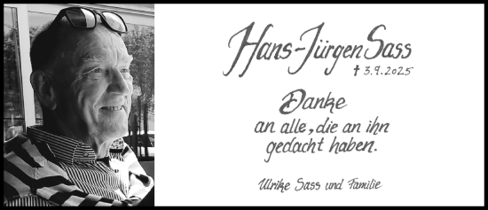 Traueranzeige von Hans-Jürgen Sass von Hildesheimer Allgemeine Zeitung