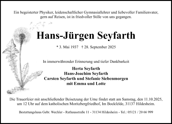 Traueranzeige von Hans-Jürgen Seyfarth von Hildesheimer Allgemeine Zeitung