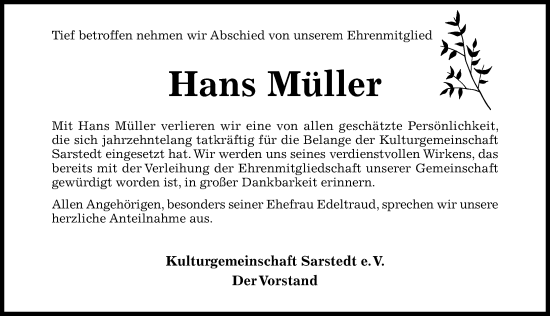 Traueranzeige von Hans Müller von Hildesheimer Allgemeine Zeitung