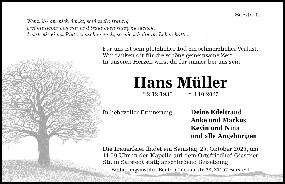  Traueranzeige für Hans Müller vom 15.10.2025 aus Hildesheimer Allgemeine Zeitung