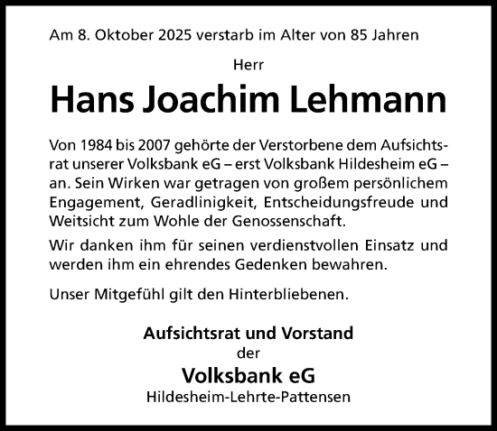 Traueranzeige von Hans Joachim Lehmann von Hildesheimer Allgemeine Zeitung