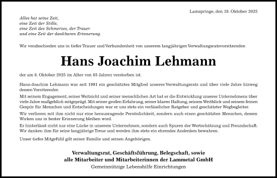 Traueranzeige von Hans Joachim Lehmann von Hildesheimer Allgemeine Zeitung