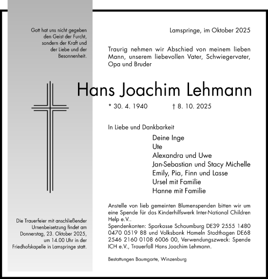 Traueranzeige von Hans Joachim Lehmann von Hildesheimer Allgemeine Zeitung