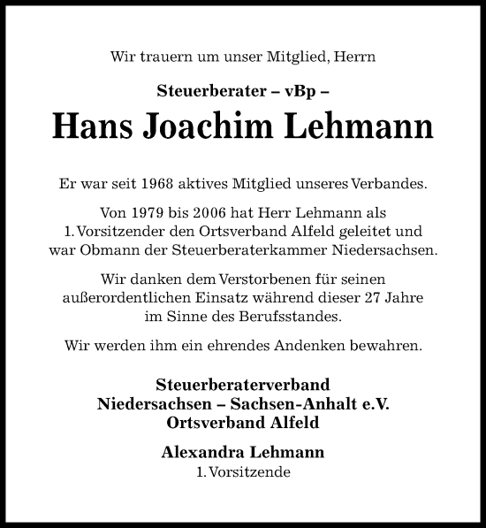Traueranzeige von Hans Joachim Lehmann von Hildesheimer Allgemeine Zeitung