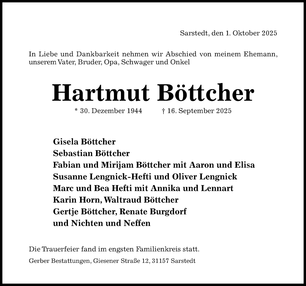  Traueranzeige für Hartmut Böttcher vom 01.10.2025 aus Hildesheimer Allgemeine Zeitung
