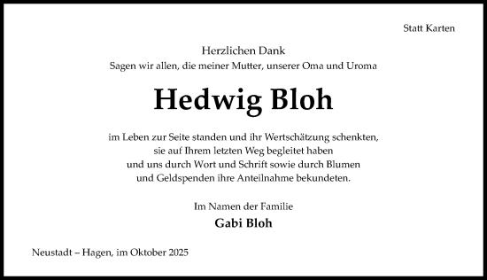 Traueranzeige von Hedwig Bloh von Hildesheimer Allgemeine Zeitung