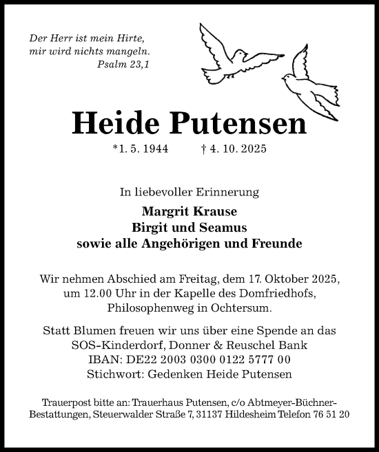 Traueranzeige von Heide Putensen von Hildesheimer Allgemeine Zeitung