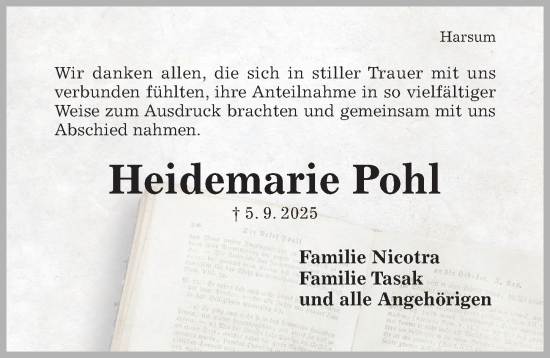 Traueranzeige von Heidemarie Pohl von Hildesheimer Allgemeine Zeitung
