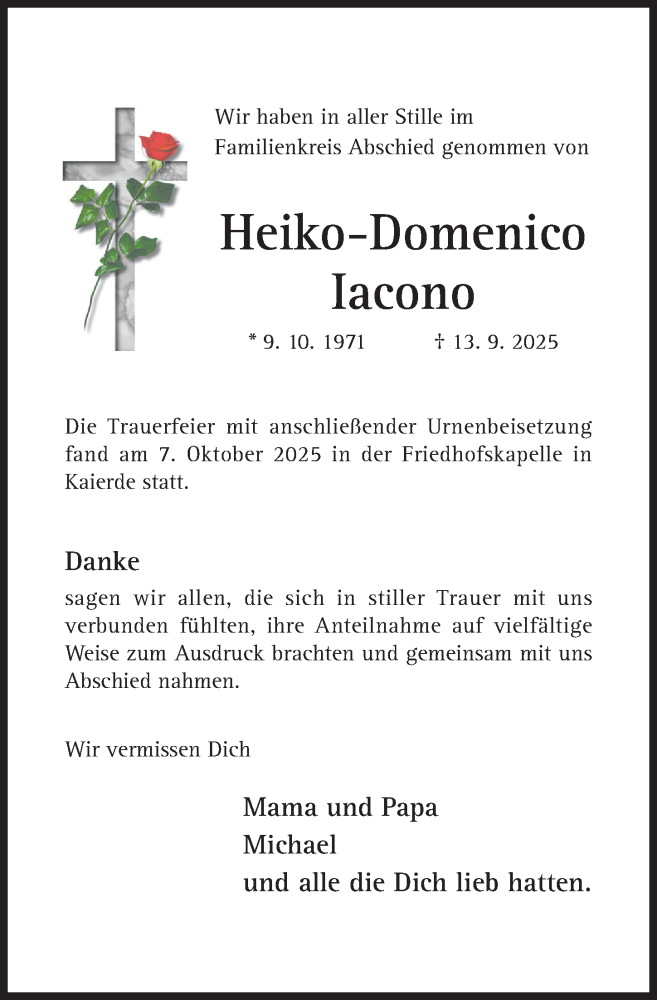  Traueranzeige für Heiko-Domenico Iacono vom 18.10.2025 aus Hildesheimer Allgemeine Zeitung