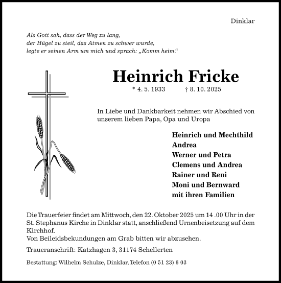 Traueranzeige von Heinrich Fricke von Hildesheimer Allgemeine Zeitung