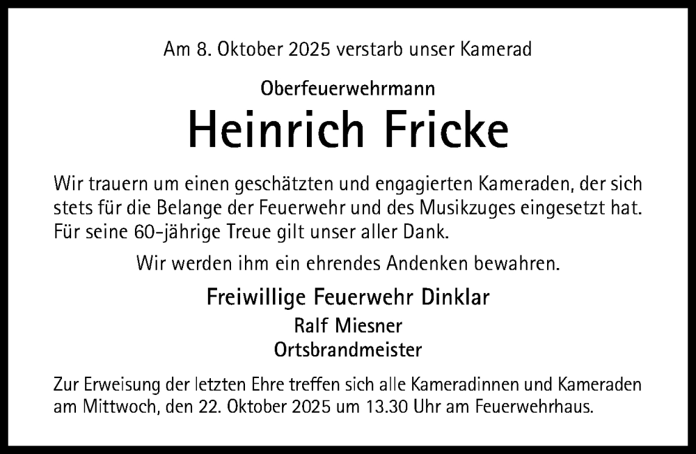  Traueranzeige für Heinrich Fricke vom 11.10.2025 aus Hildesheimer Allgemeine Zeitung