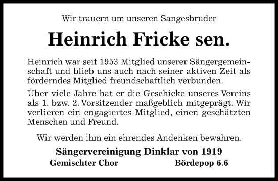 Traueranzeige von Heinrich Fricke von Hildesheimer Allgemeine Zeitung