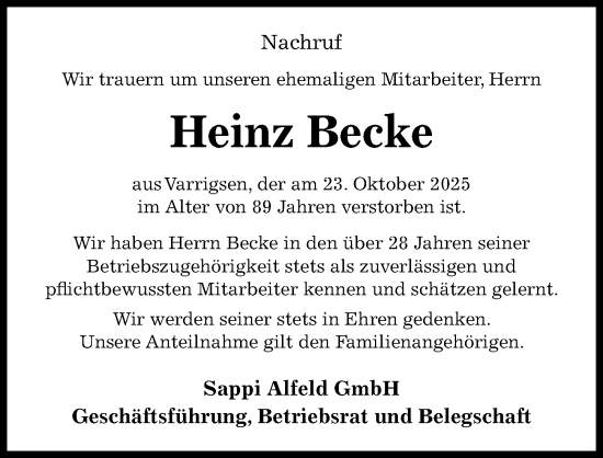 Traueranzeige von Heinz Becke von Hildesheimer Allgemeine Zeitung