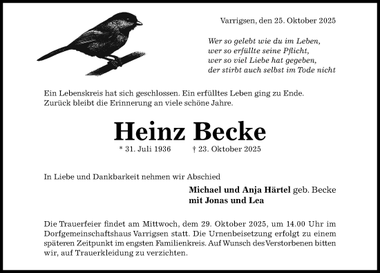 Traueranzeige von Heinz Becke von Hildesheimer Allgemeine Zeitung