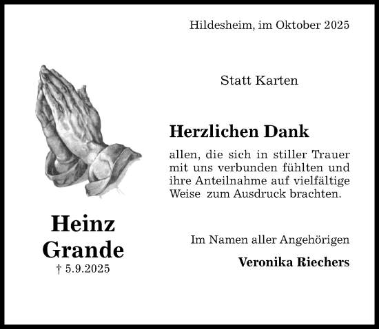 Traueranzeige von Heinz Grande von Hildesheimer Allgemeine Zeitung