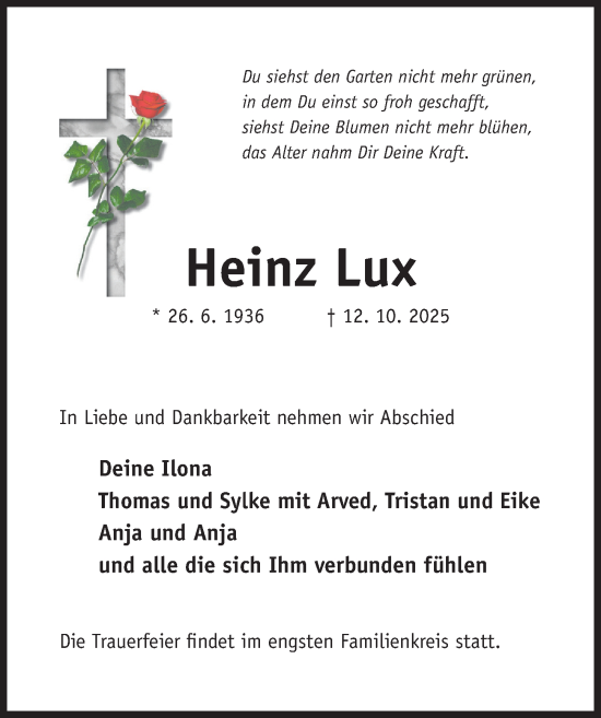 Traueranzeige von Heinz Lux von Hildesheimer Allgemeine Zeitung