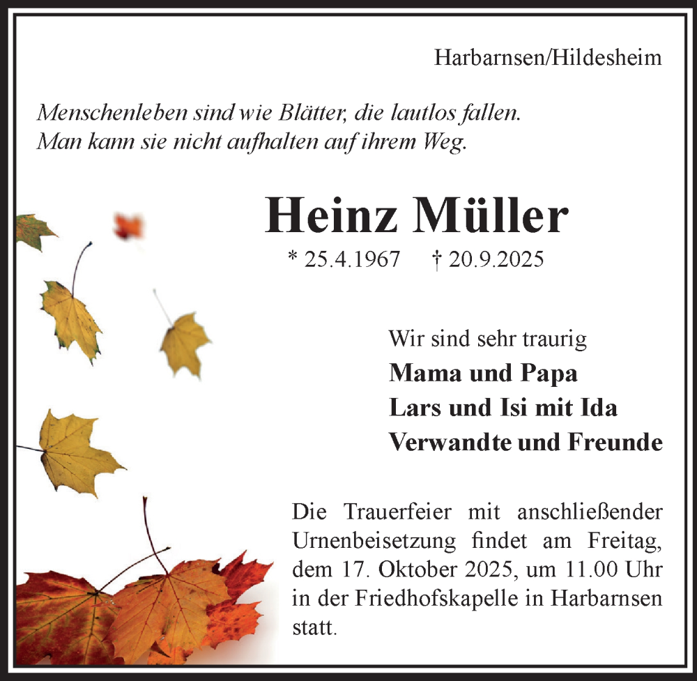  Traueranzeige für Heinz Müller vom 15.10.2025 aus Hildesheimer Allgemeine Zeitung
