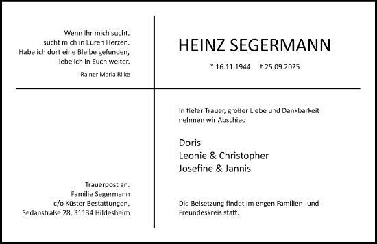 Traueranzeige von Heinz Segermann von Hildesheimer Allgemeine Zeitung